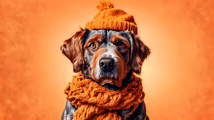 Cute Doodle Dog Dressed in a Autumn /Fall Scarf and Hat on an Orange Background - obrazy, fototapety, plakaty