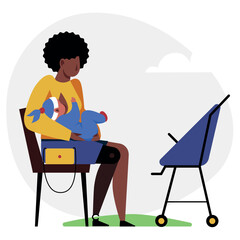 A vector image of a black woman with a leg prosthetics feeding a baby. Disabled theme image - 666600954