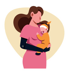 A vector image of a woman with an arm prosthetics holding a baby. Disabled theme image - 666600991