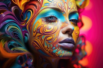 ultra close-up portrait of a beautiful girl with multicolored make-up, ai tools generated image