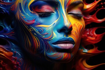 close-up portrait of a beautiful face with multicolored artistic make-up, ai tools generated image