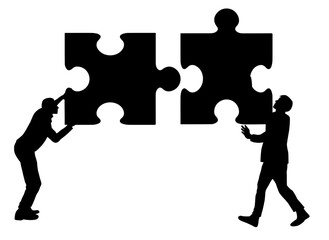 Two men connect two puzzle pieces. Teamwork, partnership and cooperation concept. Business solution, solving a problem - obrazy, fototapety, plakaty
