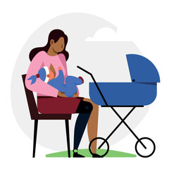 A vector image of a hispanic woman with a leg prosthetics feeding a baby. Disabled theme image - 666601317
