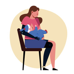 A vector image of a woman with a prosthetics feeding a baby. Disabled theme image - 666601393