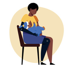 A vector image of a black woman with a disability feeding a baby. Disabled theme image - 666601563