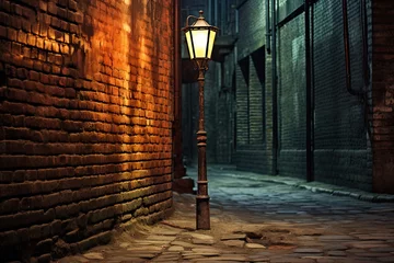 Foto op Canvas Vacant, slender alley flanked by weathered brick walls, gently illuminated by vintage lamppost, Street photography concept  © Nutcha