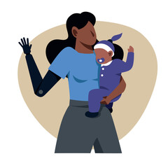 A vector image of a black woman with an arm prosthetics holding a baby. Disabled theme image - 666601704