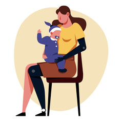 A vector image of a woman with a leg and an arm prosthetics holding a baby. Disabled theme image - 666601923