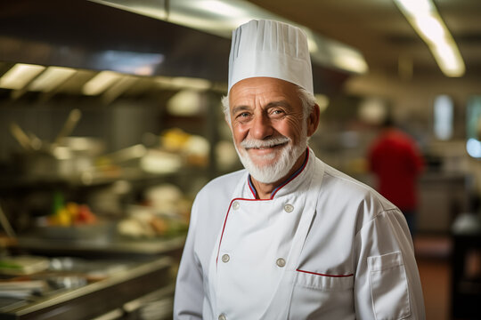 Senior Older Male Chef Wearing White Uniform And Hat In Kitchen Of Restaurant