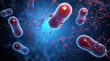 Escherichia Coli , E. Coli Bacterial Strains, Health and Food Safety microcosm, organismal and human biology science and research. - obrazy, fototapety, plakaty