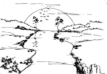 Hand drawn vector nature illustration with sun set  on first view. Using for travel and nature background and card. vector formats