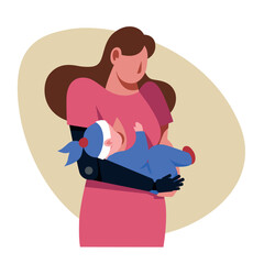 A vector image of a woman with a prosthetics feeding a baby. Disabled theme image - 666602995
