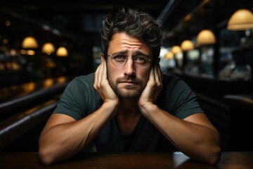Obraz premium Portrait of tired and bored man sitting at desk dreaming and thinking, resting head on hand.