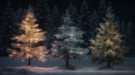 Frosty Pine Trees Surrounded by Twinkling Fairy Lights - Generative AI
