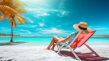 A woman relaxes on a beach chair at a seaside resort.
