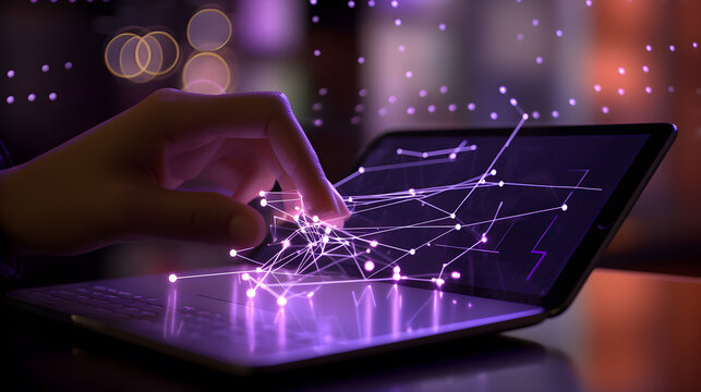 A hand with an ipad in an office, with dots and lines in the air, geometry lines, with purple light, unreal engine 5, applecore