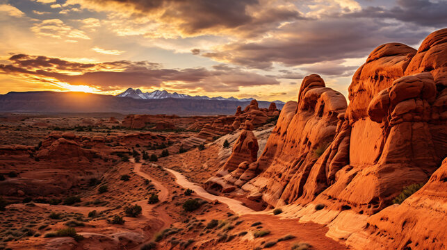 A Sunset Sky Over Delicate Arch, One Of The Most Unique Geological Wonders In The US. Located Within Arches National Park In Central Utah, United States.