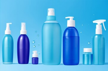 A variety of hair care products on a blue background with bubbles and water drops. The products include shampoo, conditioner, serum, spray, and gel.Created with generative AI