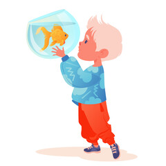 Vector illustration with little boy in modern fashionable children's clothes, scrutinizing with interest and enthusiasm goldfish in aquarium. Concept of pets, interaction between  children and animals