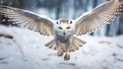Close up of a flying snowy owl at winter