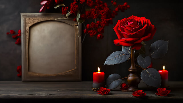 EMO background, Dark background, with dark wood and gray background, with a red rose, some red candles, and a photo frame with space to write