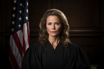 Portrait of beautiful judge sitting at the table in the courtroom