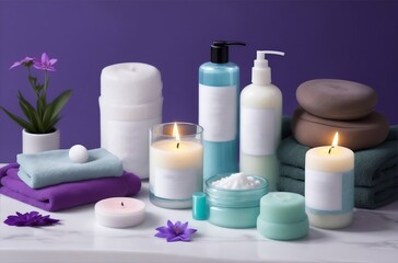 Fototapeta na wymiar A mockup of a spa-themed cosmetic products set, with candles, towels, and aromatherapy. The products include a scrub, a lotion, a soap.Created with generative AI