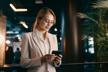 Successful lady watching smartphone at workplace