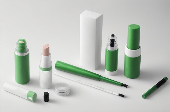 A mockup of a vegan and cruelty-free cosmetic products range, with green and white packaging. The products include a lip balm, a mascara, an eyeliner, and a brow pencil.Created with generative AI