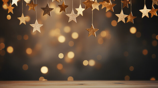 H&auml;ngende goldene Sterne &uuml;ber leeren Holztisch mit Bokeh-Effekt, festlicher Hintergrund in braun und gold f&uuml;r Silvester oder Weihnachten, Platz f&uuml;r Warenpr&auml;sentation oder Text
