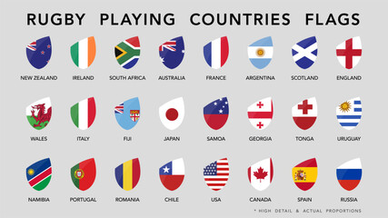 Rugby playing countries flags set. High detail and actual proportions. Vector illustration