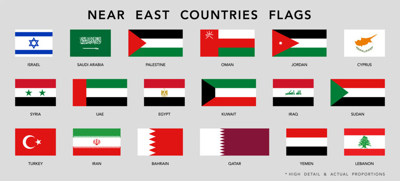 Near east countries flags set. High detail and actual proportions. Vector illustration