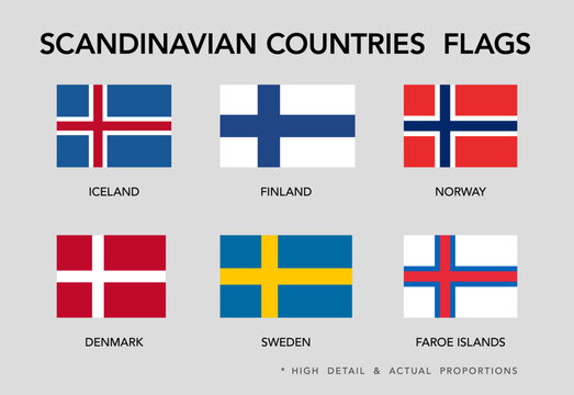 Scandinavian countries flags set. High detail and actual proportions. Vector illustration