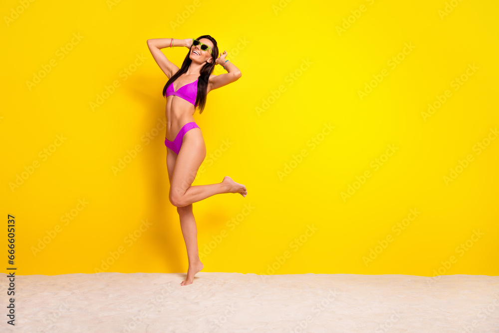 Sticker full body photo of slender lovely nice lady stand one leg sand beach empty space ad isolated on yell