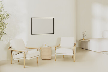 Empty blank picture frame mock up in modern living room interior in light beige tones with 2 armchairs and table, 3d render