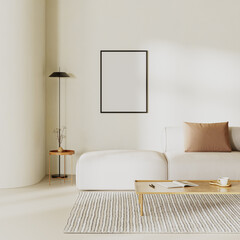 Blank poster frame in minimalist living room interior with curvy wall, sofa with pillows and beige plasters walls,. Interior mockup, 3d render