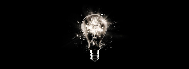 Bulb, black and white lamp, brainstorming concept. Banner