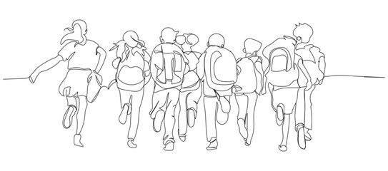 Naklejka premium group of people holding hands. Continuous Line Art of Group of elementary school kids running at school back view students happy to go ack to school