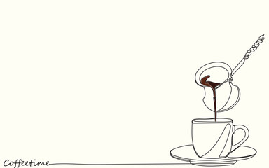 International Coffee day 1st October. Coffee time coffee break template. Get together at office.Caffeine intake. Aroma Graphic Illustration line art vector.Pouring hot coffee from cezve into cup