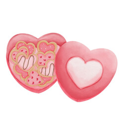 Set of heart shape valentine cookies. Watercolor illustration. 