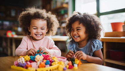 Two adorable interracial children girl playing toys in kindergarten.