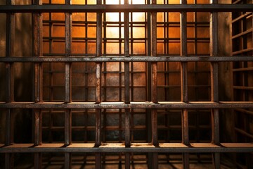 Rusty jail bars in a prison cell with a brown interior. Detailed metal lattice forms isolated cell grids, reflecting the concept of limited freedom. Generative AI