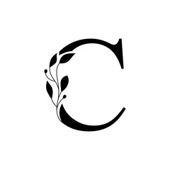 Floral botanical alphabet vintage hand drawn monogram letter C
