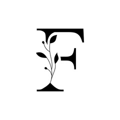 Floral botanical alphabet vintage hand drawn monogram letter F