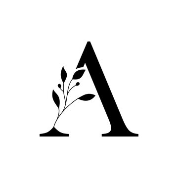 Floral botanical alphabet vintage hand drawn monogram letter A