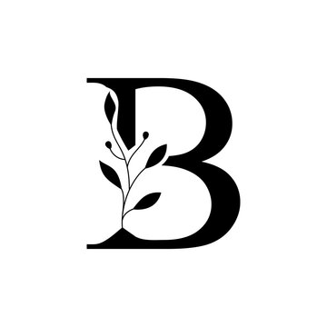 Floral botanical alphabet vintage hand drawn monogram letter B