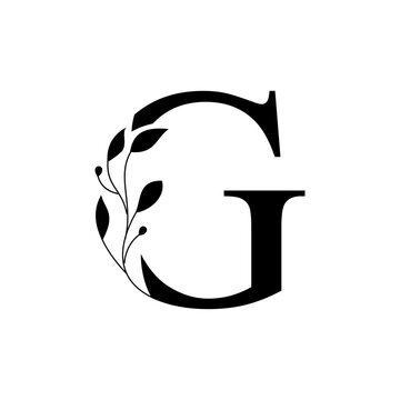Floral botanical alphabet vintage hand drawn monogram letter G