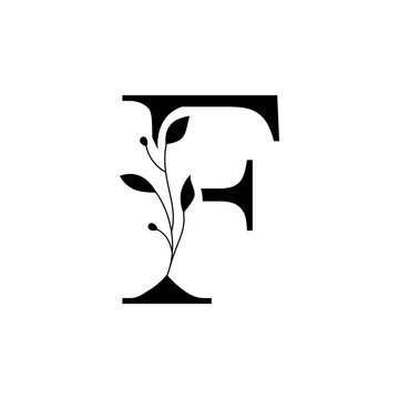 Floral botanical alphabet vintage hand drawn monogram letter F