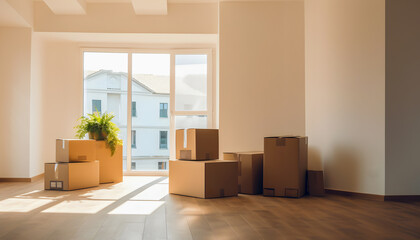 Moving to a new home banner. inside the apartment with cardboard boxes.