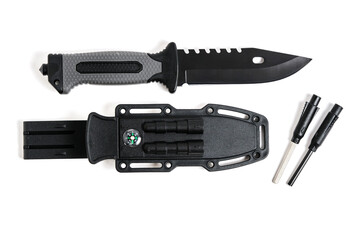 Tactical knife, scabbard and flint with mirror on white background.